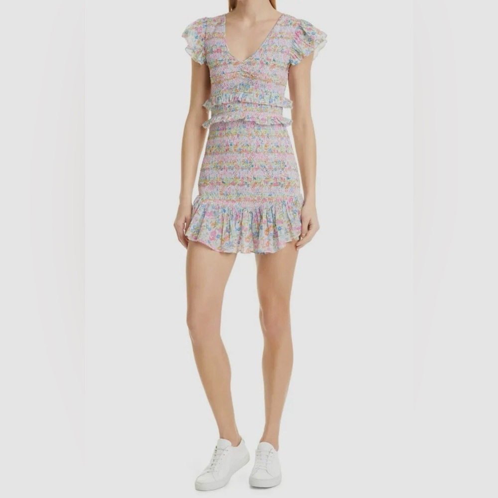 LoveShackFancy Sonora Smocked Mini Dress Coral Reef Waves Floral Ruffle